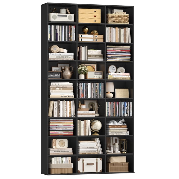 Hiphuta 27-Cube 9-Tier Bookcase, 75" Tall Triple-Wide CD Media Storage Organizer with 15 Adjustable Shelves, Large Cube Storage Organizer, Black