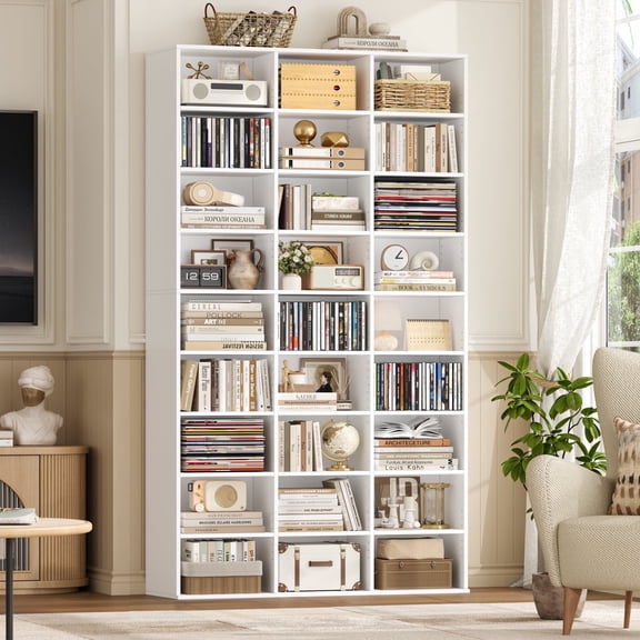 Hiphuta 27-Cube 9-Tier Bookcase, 75" Tall Triple-Wide CD Media Storage Organizer with 15 Adjustable Shelves, Freestanding Display Shelf, White