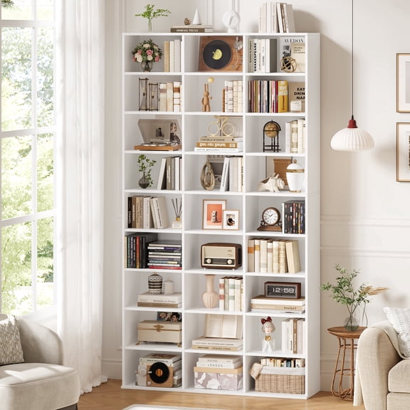 Hiphuta 27-Cube 9-Tier Bookcase, 75" Tall Triple-Wide CD Media Storage Organizer with 15 Adjustable Shelves, Freestanding Display Shelf, White