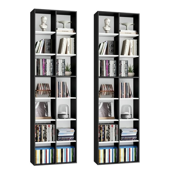 Hiphuta 2PCS 7-Tier Double Wide Media Tower Rack, 71 X 20 X 9 Inches CD DVD Slim Storage Cabinet with Adjustable Shelves, Tall Narrow Bookcase Sturdy Display Bookshelf for Home Office, Black & White