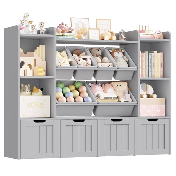 Hiphuta 3-tier 55"in Large Kids Bookcase with Toy Storage Organizer, Wood Toy Organizer of 6 Boxes & 4 Removable Drawers, Gray