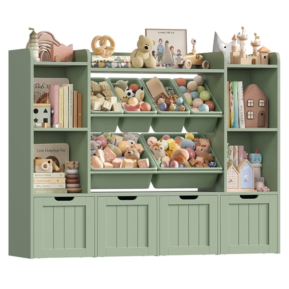 Hiphuta 3-tier 55"in Large Kids Bookcase with Toy Storage Organizer, Wood Toy Organizer of 6 Boxes & 4 Removable Drawers, Green