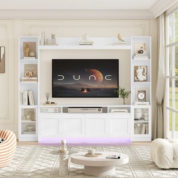 Hiphuta 79" W Wall Unit Entertainment Center for TVs up to 65", Farmhouse Wall Unit TV Stand with Bookshelves and Cabinet, Entertainment Center with LED Lights for Living Room, White