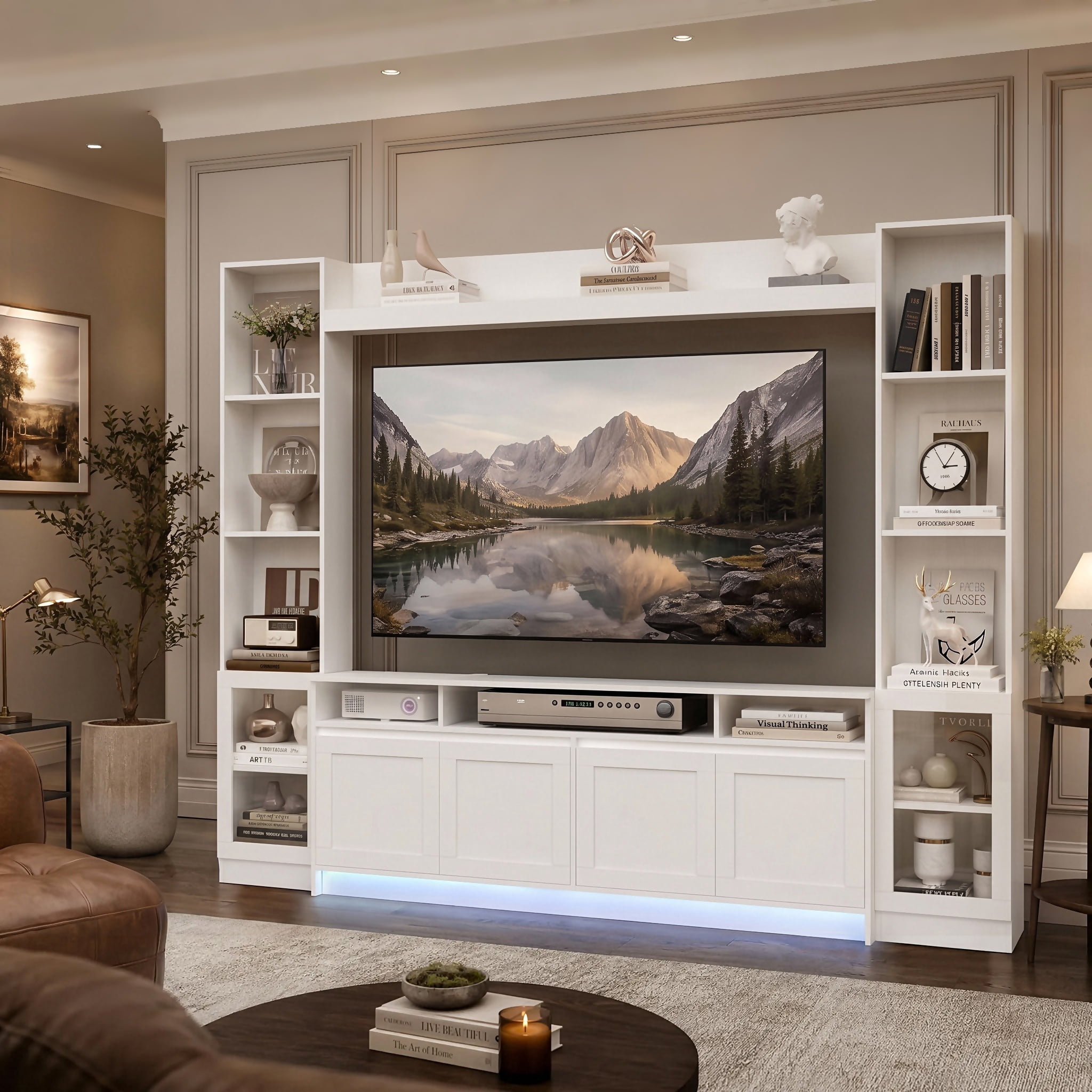 Hiphuta 79" W Wall Unit Entertainment Center with Bookcase for TVs up to 65", Farmhouse TV Stand with LED Lights for Living Room, White