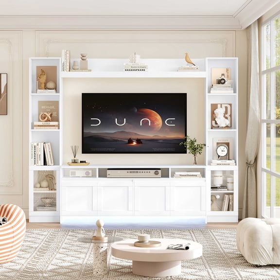 Hiphuta 79" W Wall Unit Entertainment Center for TVs up to 65", Farmhouse Wall Unit TV Stand with Bookshelves and Cabinet, Entertainment Center with LED Lights for Living Room, White