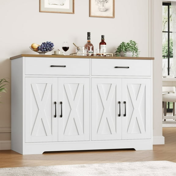 Hiphuta 47"Farmhouse Sideboard Storage Cabinets with 4 Doors & 2 Drawers, Coffee Bar with Brown Top for Living Room, White