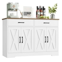 Hiphuta 47"Farmhouse Sideboard Storage Cabinets with 4 Doors & 2 Drawers, Cabinet with Brown Top for Living Room, White