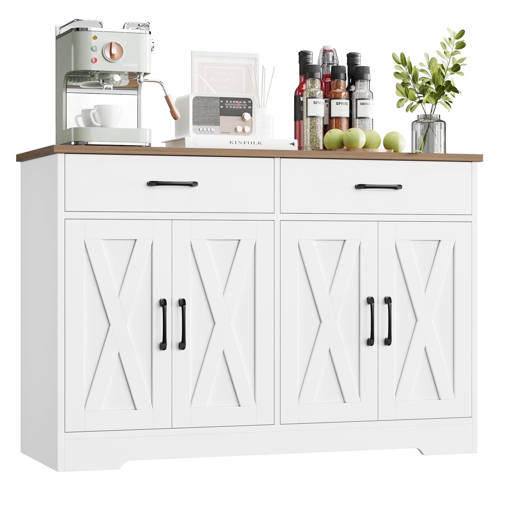 The Coupon deal of  Hiphuta 47" Farmhouse Sideboard Storage Cabinets with 4 Doors & 2 Drawers, Cabinet with Brown Top for Living Room, White