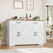 Hiphuta 47"Farmhouse Sideboard Storage Cabinets with 4 Doors & 2 Drawers, Coffee Bar with Brown Top for Living Room, White