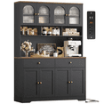 thumbnail image 1 of Hiphuta 47" Wide Kitchen Pantry Storage Cabinet with Charging Station and 3 Open Shelves, Freestanding Hutch Cabinet with 8 Doors & 2 Drawers, Large Coffee Bar Cupboard for Dining Room, Black, 1 of 7