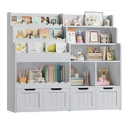 Hiphuta 47"Wide Large Kids Bookcase, Wood Bookshelf Toy Storage Organizer with Book Rack & Movable Boxes, Gray Bookshelf for Kids Room