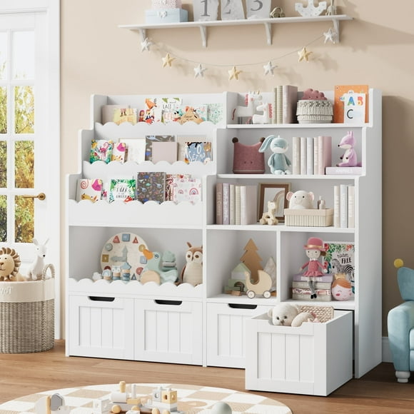Hiphuta 47"Wide Large Kids Bookcase, Wood Bookshelf Toy Storage Organizer with Book Rack & Movable Boxes, White Bookshelf for Kids Room