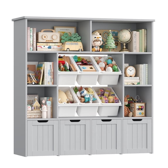 Hiphuta 49" Wide 4-Tier Toy Storage Organizer, Wood Kid Bookcase with 6 Boxes & 4 Removable Drawers, Bookshelf for Kids' Room, Classroom, Gray + White Boxes