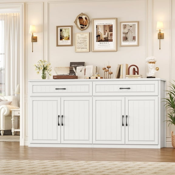 Hiphuta 63"Extended Wide Large Buffet Cabinet with 2 Drawers, Modern Coffee Bar Sideboard with Dusty-proof Base for Living Room and Entryway, White