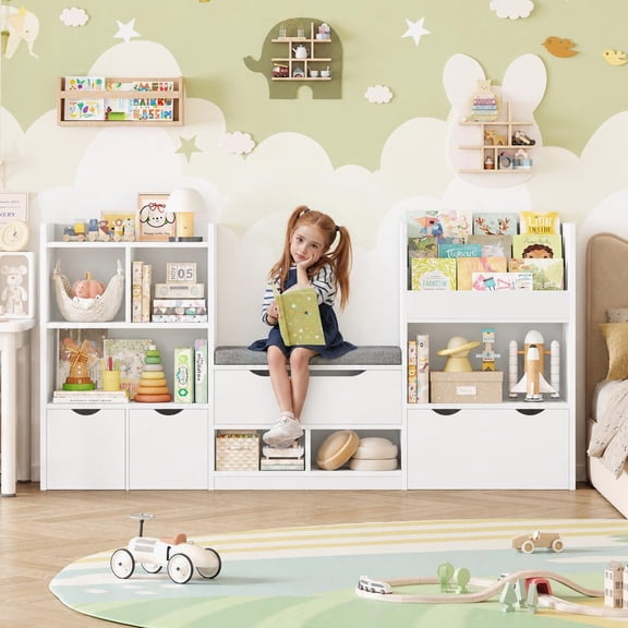 Hiphuta 72"Wide Kids Bookcase with Reading Nook and Under Bench Storage, Wooden Toy Storage Organizer & Book Rack for Kids Room, White