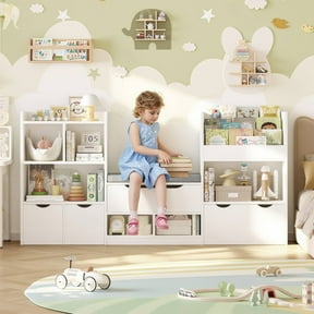 Hiphuta 72"Wide Kids Bookcase with Reading Nook and Under Bench Storage, Wooden Toy Storage Organizer & Book Rack for Kids Room, White