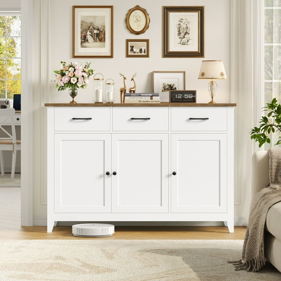 Hiphuta 47"W Buffet Cabinet with Adjustable Shelf, Modern Farmhouse Coffee Bar with 3 Drawers and Sturdy Base for Small Space and Living Room, White