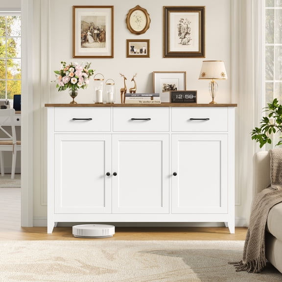 Hiphuta 47"W Buffet Cabinet with Adjustable Shelf, Modern Farmhouse Coffee Bar with 3 Drawers and Sturdy Base for Small Space and Living Room, White