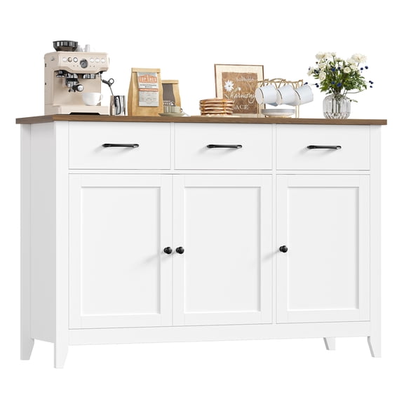 Hiphuta 47"W Buffet Cabinet with Adjustable Shelf, Modern Farmhouse Coffee Bar with 3 Drawers and Sturdy Base for Small Space and Living Room, White