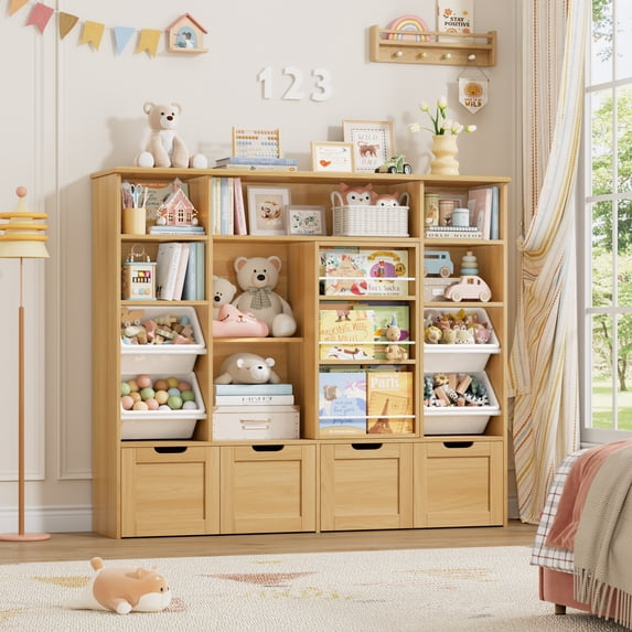 Hiphuta 55"W Kid Toy Storage Organize with Sliding Bookshelf, Kid Bookcase with 4 Removable Drawers, Toy Storage Toy Organize for Kid Bedroom Playroom, Natural