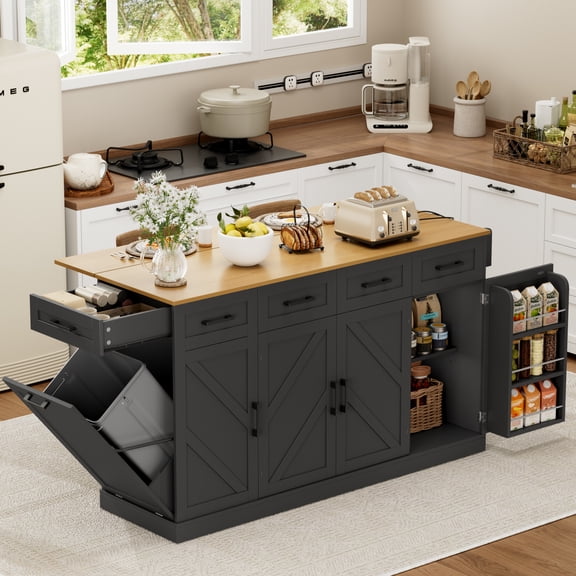 Hiphuta 55"W Kitchen Island Cart with Storage, Rolling Island Table with Trash Can, Adjustable Shelves and 4 Drawers, Movable Buffet Cabinet for Dining room, Black