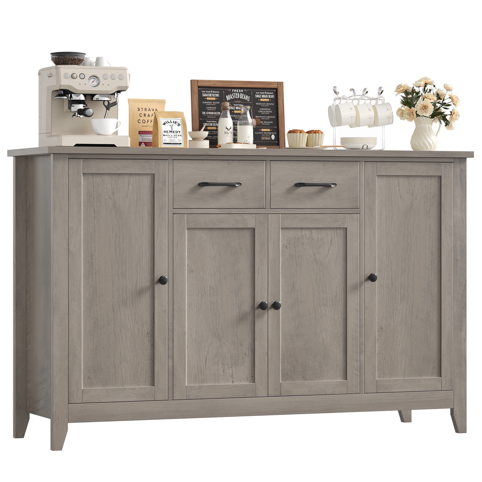 Hiphuta 55" Wide Buffet Cabinet with 2 Drawers & Adjustable Shelves, Modern Coffee Bar Cabinet with 2 Drawers and Sturdy Base for Living Room, Ash Gray