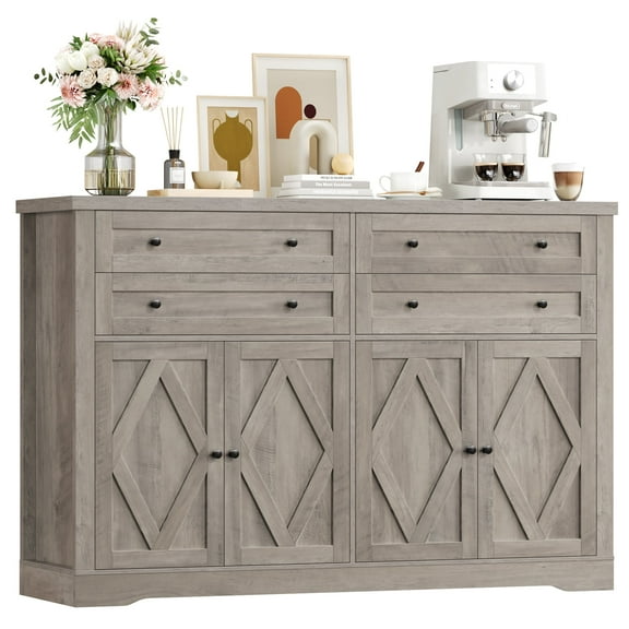 Hiphuta 55" Wide Coffee Bar with 2 Adjustable Shelves, Modern Farmhouse Sideboard Buffet with 4 Drawers for Living Room, Ash Gray