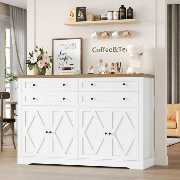 Hiphuta 55" Wide Coffee Bar with 2 Adjustable Shelves, Modern Farmhouse Sideboard Buffet with 4 Drawers for Living Room, White