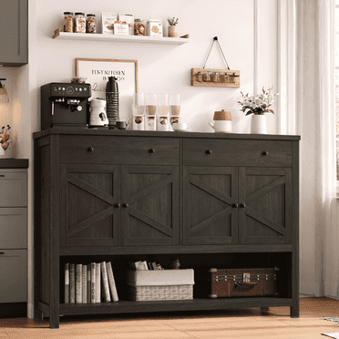 Hiphuta 55" Farmhouse Buffet Cabinet, Coffee Bar with 2 Drawers and 3 Shelves, Large Sideboard with Doors for Kitchen, Dining Room, Entryway, Dark Brown