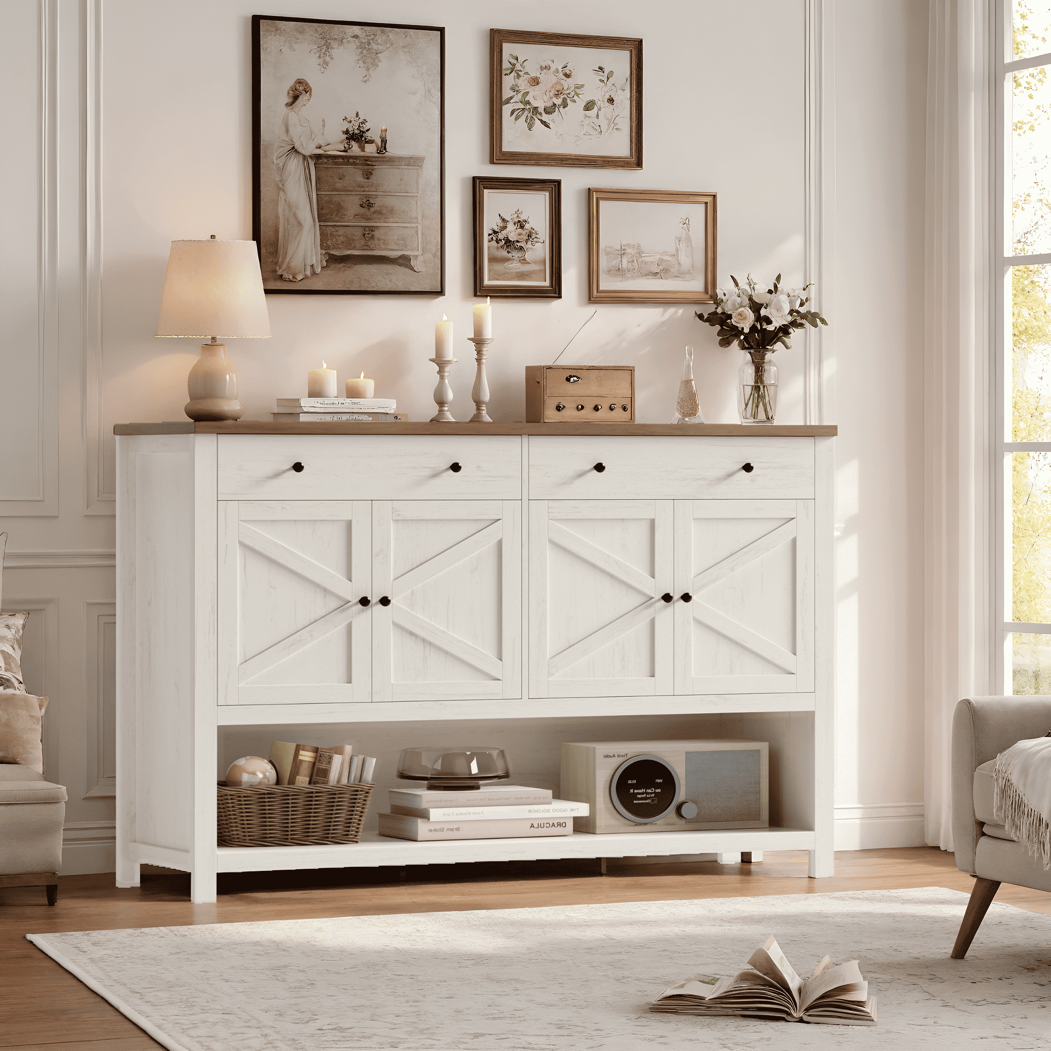 Hiphuta 55" Farmhouse Buffet Cabinet, Coffee Bar with 2 Drawers and 3 Shelves, Large Sideboard with Doors for Kitchen, Dining Room, Entryway, Off White