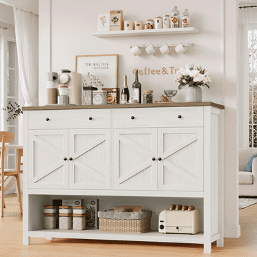 Hiphuta 55" Farmhouse Buffet Cabinet, Coffee Bar with 2 Drawers and 3 Shelves, Large Sideboard with Doors for Kitchen, Dining Room, Entryway, Off White