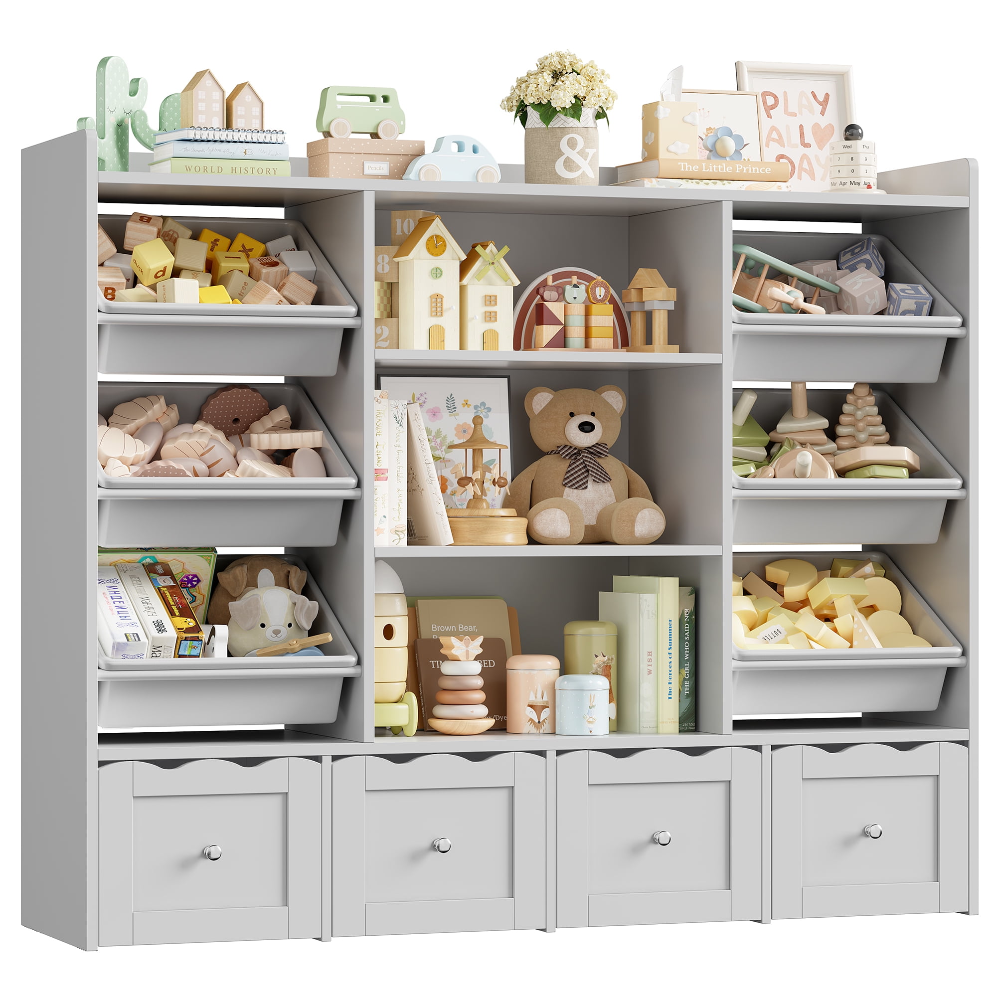 Hiphuta 55" Wide Toy Storage Organizer with 4 Removable Drawers, 4-Tier Kid Bookcase with 6 Bins, Toy Organizer with Bookcase for Kid Bedroom Playroom, Grey