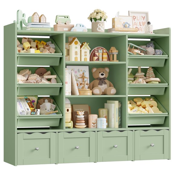Hiphuta 55" Wide Toy Storage Organizer with 4 Removable Drawers, 4-Tier Kid Bookcase with 6 Bins, Toy Organizer with Bookcase for Kid Bedroom Playroom, Green