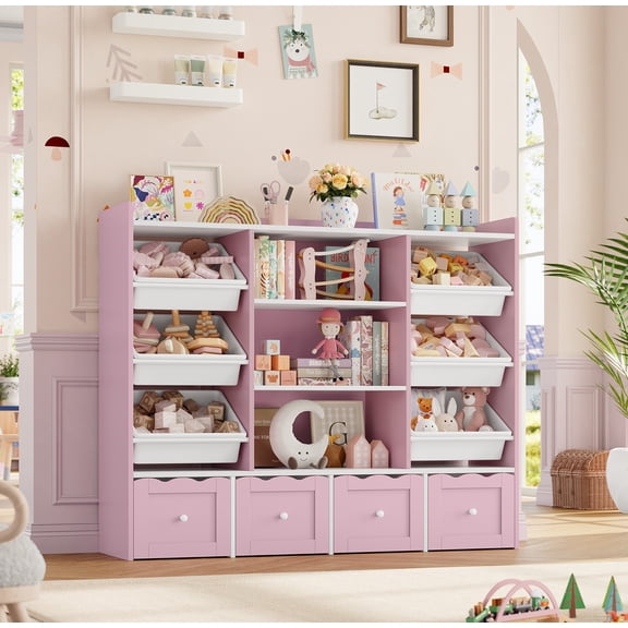 Hiphuta 55" Wide Toy Storage Organizer with 4 Removable Drawers, 4-Tier Kid Bookcase with 6 Bins, Toy Organizer with Bookcase for Kid Bedroom Playroom, Pink & White