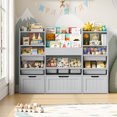 thumbnail image 1 of Hiphuta 56”W Kids Toy Storage Organizer with Bookshelf, 3 Removable Drawers & 7 Toy Boxes, Large Wood Toy Organizer for Playroom, Bedroom & Living Room, Gray, 1 of 8