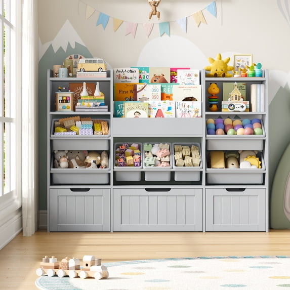 Hiphuta 56”W Kids Toy Storage Organizer with Bookshelf, 3 Removable Drawers & 7 Toy Boxes, Large Wood Toy Organizer for Playroom, Bedroom & Living Room, Gray