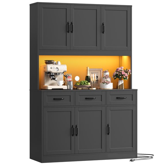 Hiphuta 72" Tall Kitchen Pantry Cabinet with RGB LED, 47" Wide Storage Cabinet with Adjustable Shelves and Charging Station, for Kitchen Dining Room, Black