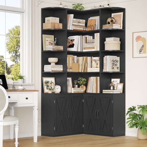 Hiphuta 74" Tall 6 Tier Corner Bookcase with 4 Doors, 31" Wide Farmhouse Large Corner Cabinet with Open Shelves, L Shaped Bookshelf for Office Living Room, Black