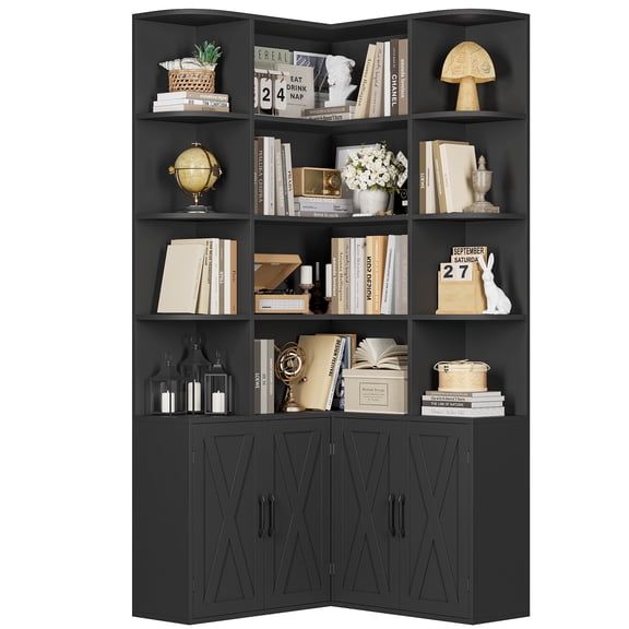 Hiphuta 74" Tall 6 Tier Corner Bookcase with 4 Doors, 31" Wide Farmhouse Large Corner Bookcase with Curved Edges, L Shaped Bookshelf for Office Living Room, Black