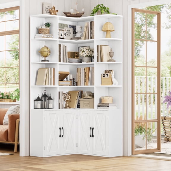 Hiphuta 74" Tall 6 Tier Corner Bookcase with 4 Doors, 31" Wide Farmhouse Large Corner Bookcase with Curved Edges, L Shaped Bookshelf for Office Living Room, White