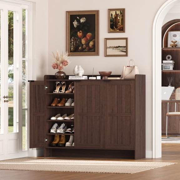 Hiphuta 48" Wide 6-Tier Shoe Cabinet with 4 Adjustable Shelves, Holds Up to 35 Pairs, Farmhouse Wood Grain Shoe Rack Organizer with 3 Doors and Table Top, Brown
