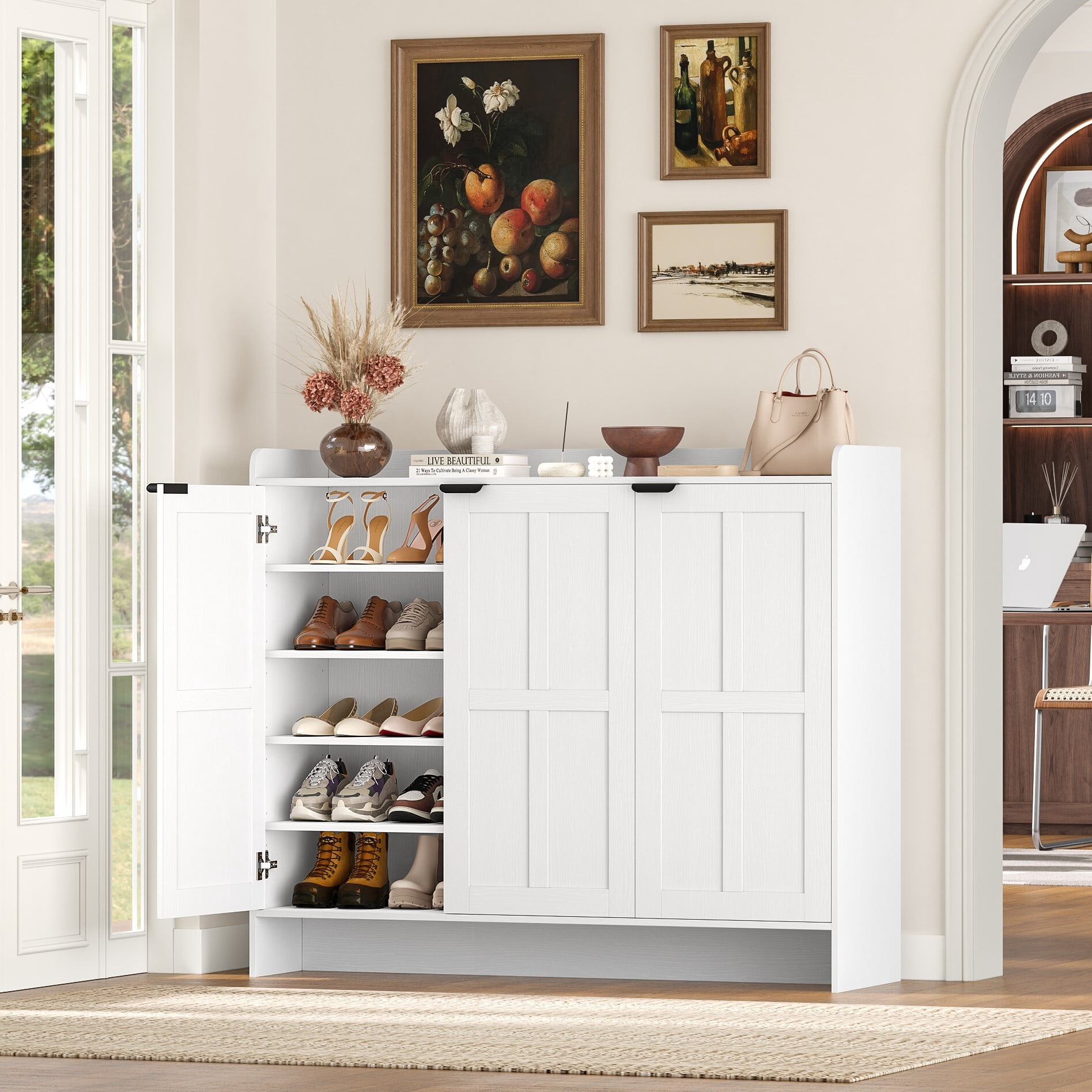 Hiphuta 48" Wide 6-Tier Shoe Cabinet with 4 Adjustable Shelves, Holds Up to 35 Pairs, Farmhouse Wood Grain Shoe Rack Organizer with 3 Doors and Table Top, White