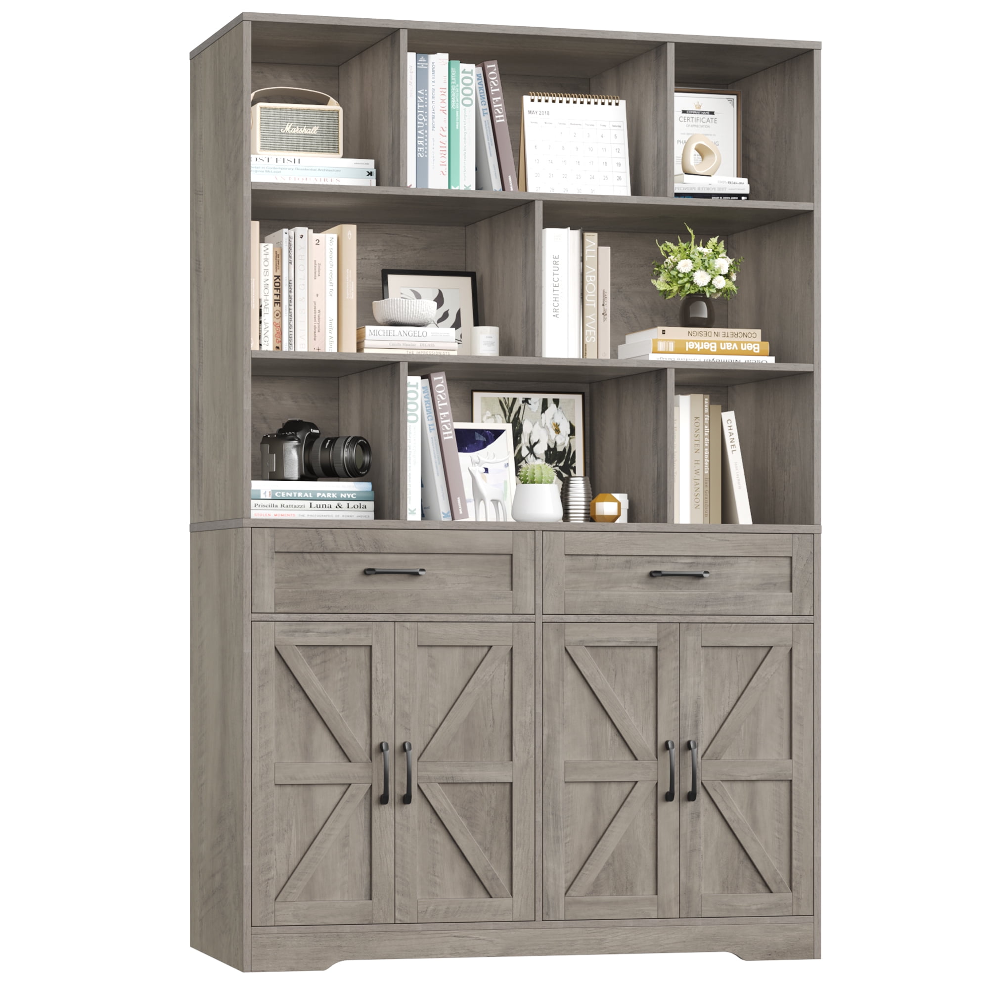 Hiphuta 71"Tall Bookcases with Drawers & Doors, 47” Wide Large Bookshelf for Home Office 6-Tier Bookshelf , Wooden Book Storage Cabinet for Home Office Living Room, Ash Gray