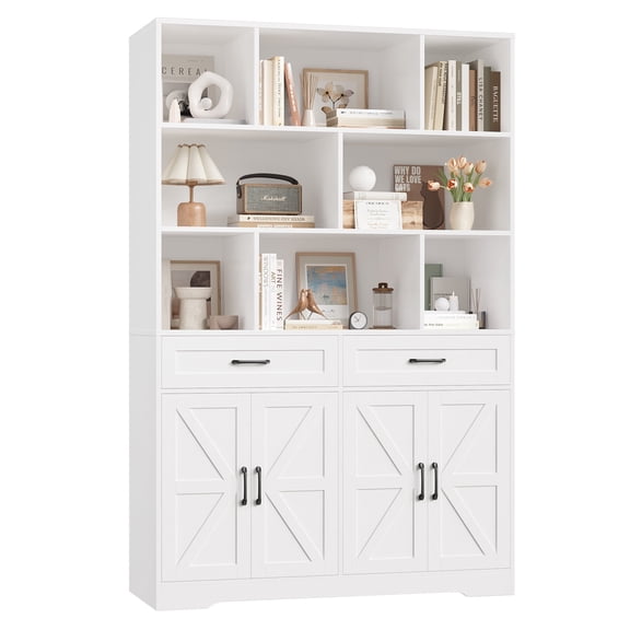 Hiphuta 71"Tall Bookcases with Drawers & Doors, 47” Wide Large Bookshelf for Home Office 6-Tier Bookshelf , Wooden Book Storage Cabinet for Home Office Living Room, White