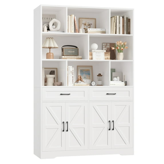 Hiphuta 71"Tall Bookcases with Drawers & Doors, 47” Wide Large Bookshelf for Home Office 6-Tier Bookshelf , Wooden Book Storage Cabinet for Home Office Living Room, White