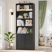 Hiphuta 73" Tall 6-Tier Bookcase with Cabinet, 26" Wide Minimalist Single Row Book shelf with 2 Doors and 4 Open Shelves, for Office Living Room, Black