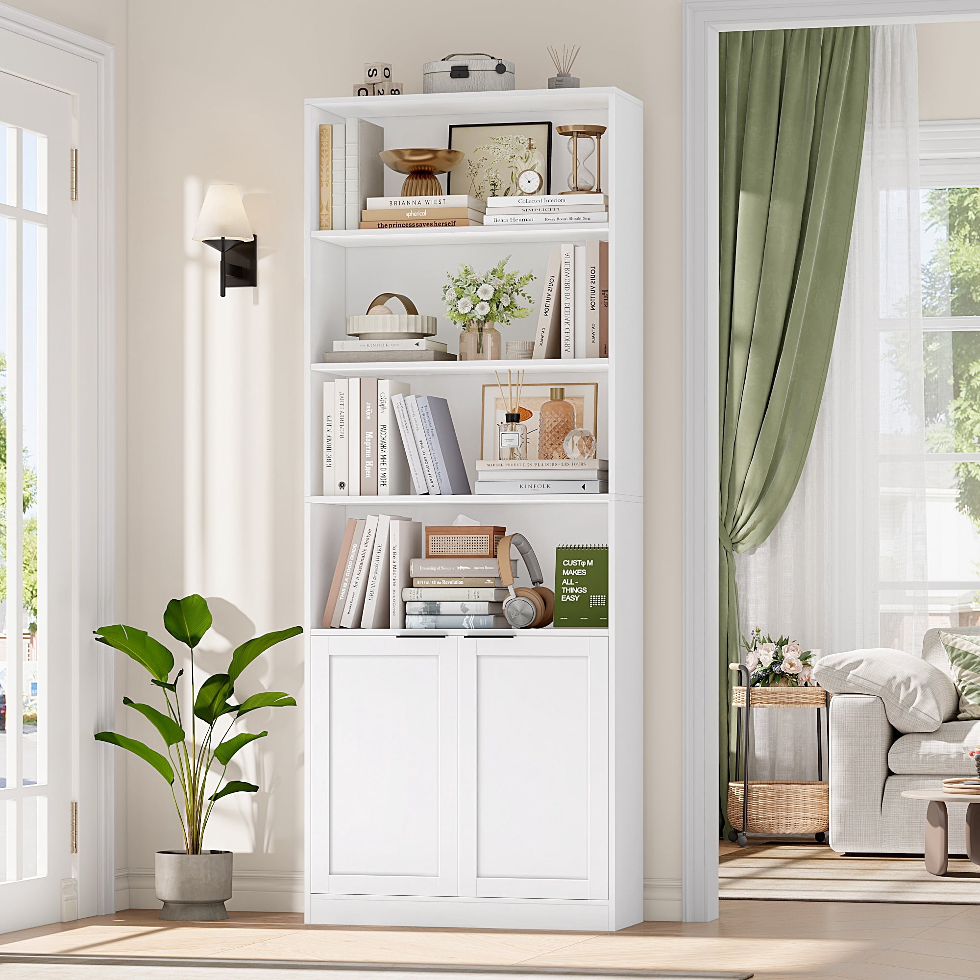 Hiphuta 73" Tall 6-Tier Bookcase with Cabinet, 26" Wide Minimalist Single Row Bookshelf with 2 Doors and 4 Open Shelves, for Office Living Room, White
