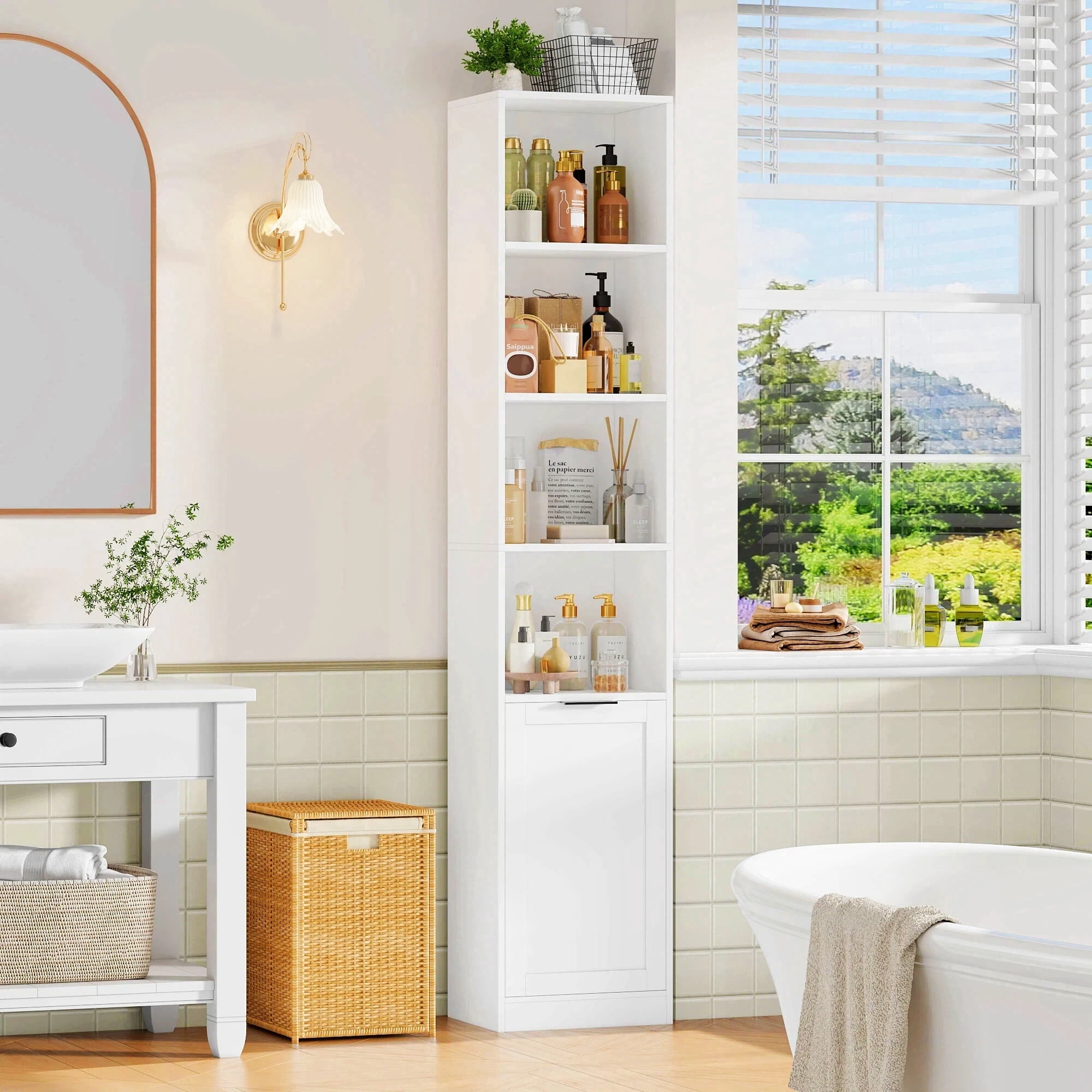 Hiphuta 73.5" Tall Bathroom Storage Cabinets with Adjustable Shelves, 6-Tier Narrow Cabinet, Bathroom Storage Tower for Small Spaces, White
