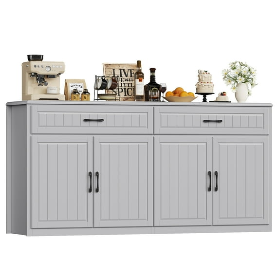 Hiphuta 63"Extended Wide Large Buffet Cabinet with 2 Drawers, Modern Coffee Bar Sideboard with Dusty-proof Base for Living Room and Entryway, Gray