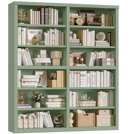 Hiphuta 63"W Extra Large and Sturdy Bookcase, Double Wide 6-Tier Bookshelf, Tall Bookcase for Home Office and Living Room, Wooden Freestanding Display Shelf, Green